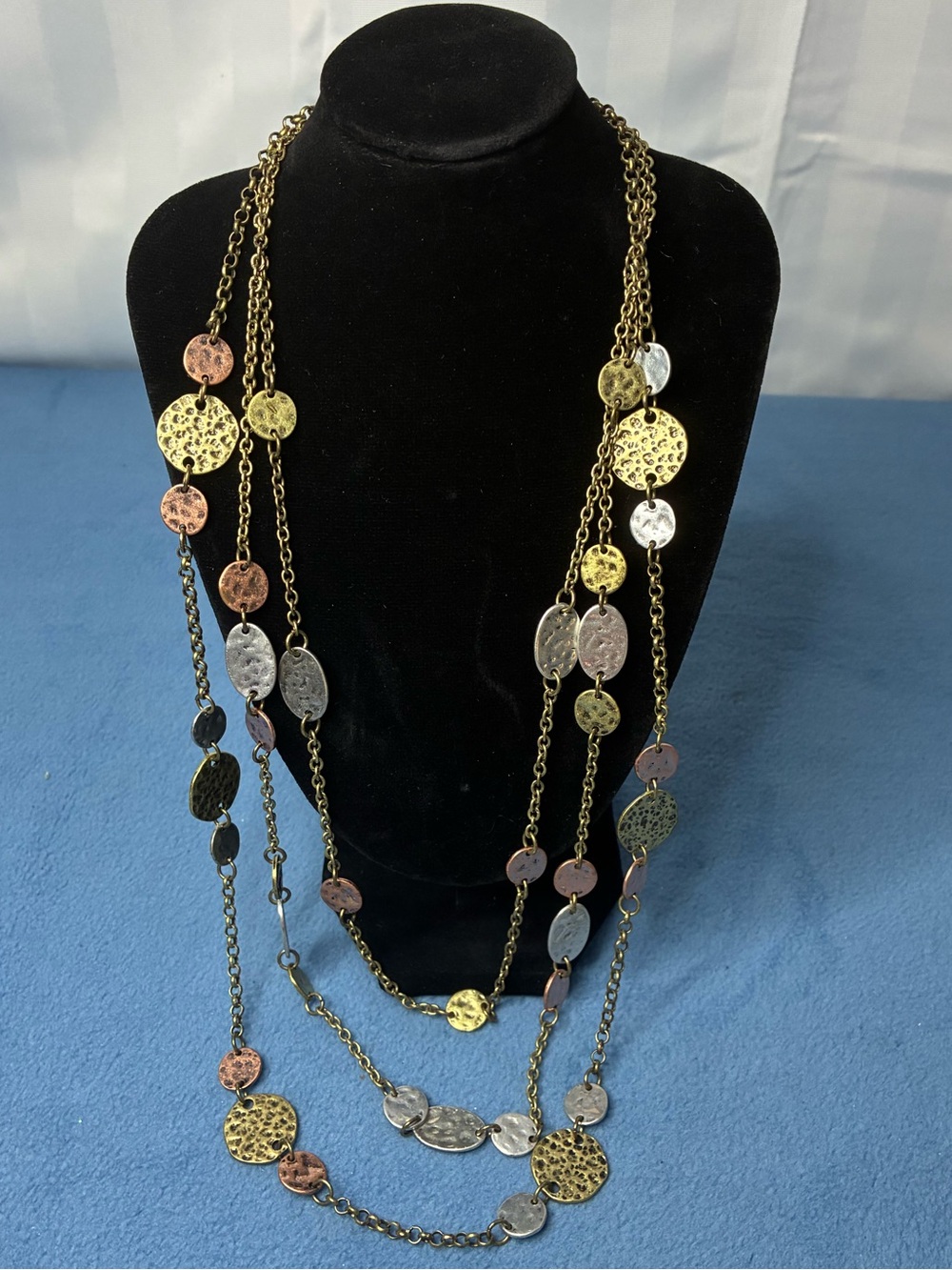 Multi-Tone Hammered Disc Multi-Strand Necklace